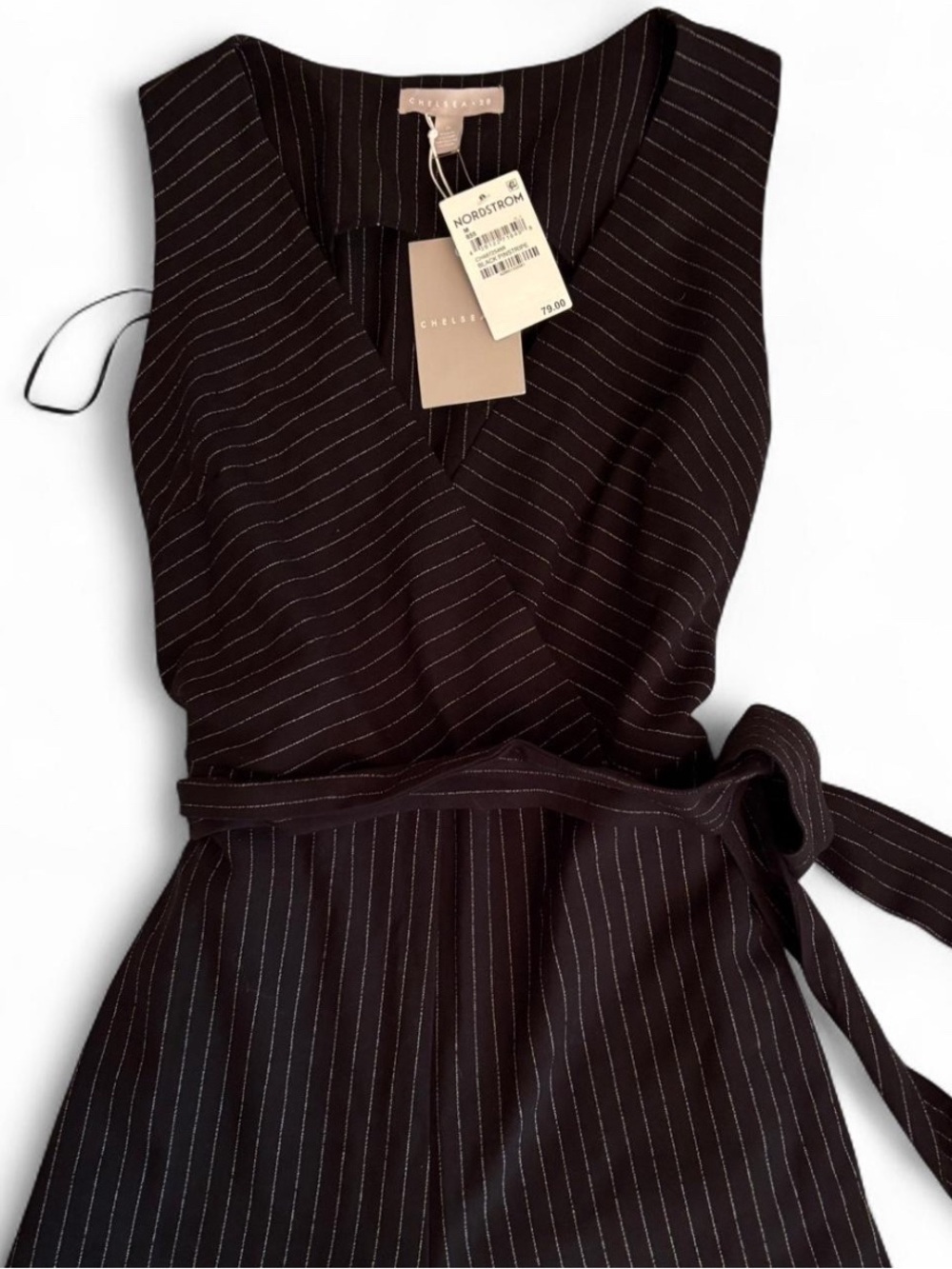 Chelsea28 Black Pinstripe Sleeveless Wrap Jumpsuit